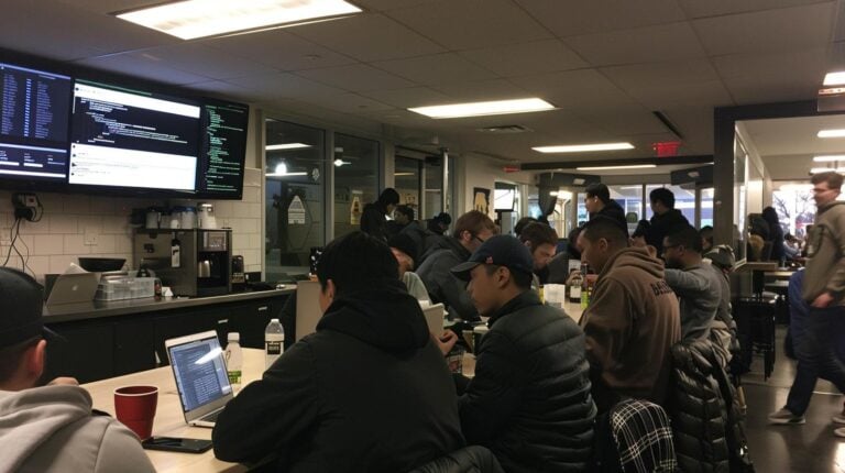 Office break room with people working on laptops and colleagues socializing