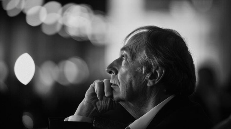 Profile of a pensive elderly man with hand on chin in black and white, with soft focus lights in the background.