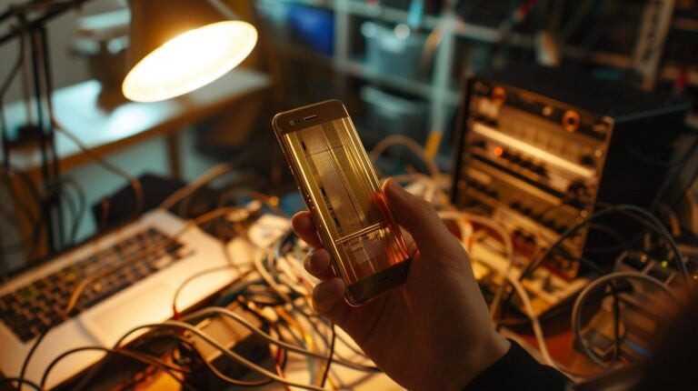 Person holding a smartphone with audio editing app in a home studio with recording equipment and cables in the background