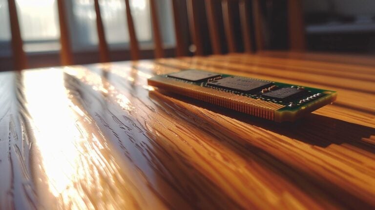 RAM module on wooden table with sunlight casting shadows