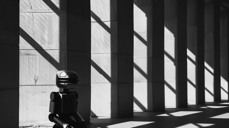 Robot figure against concrete wall with dramatic shadows in black and white photograph