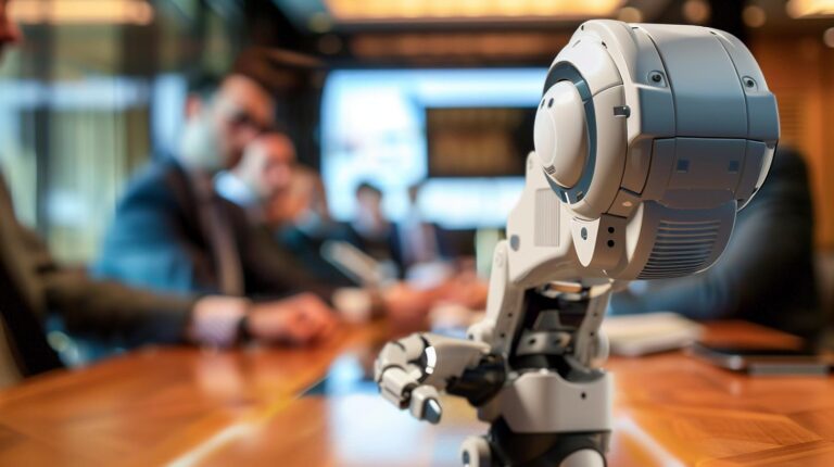 Robot leading a business meeting with blurred professionals in the background.