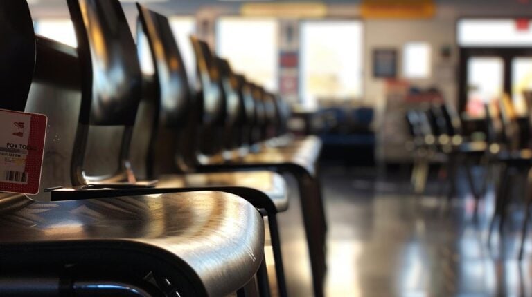 Row of empty black chairs in a waiting area with sunlight illuminating the space.