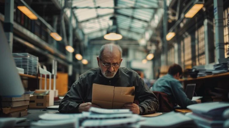 Senior man examining documents in a folder at an industrial office environment with warm lighting.