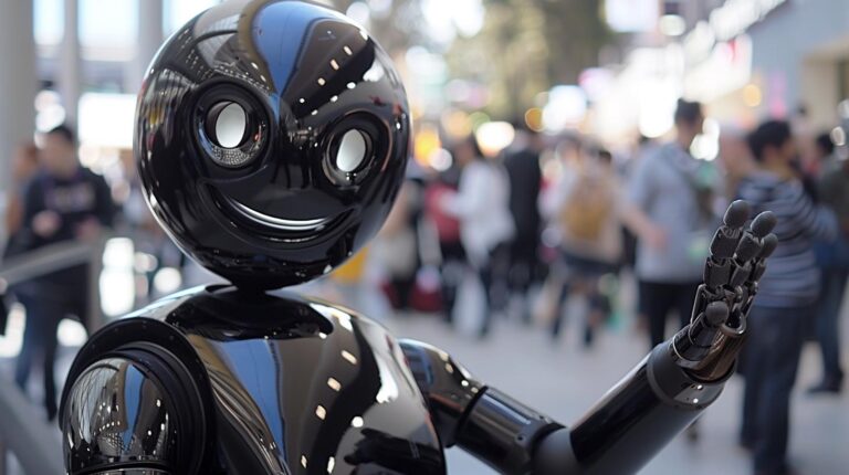 Shiny humanoid robot waving hand with blurred people in the background at a technology event.