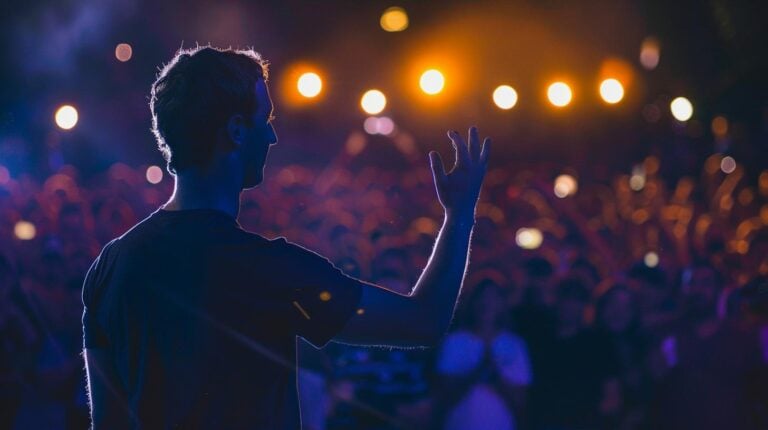 Silhouette of a person at a concert raising hand before a crowd under stage lights.