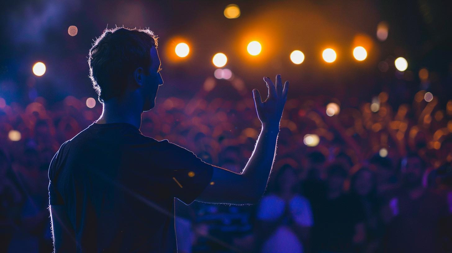 Silhouette of a person at a concert raising hand before a crowd under stage lights.