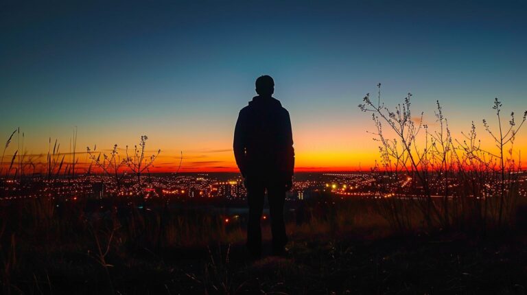 Silhouette of a person standing on a hill overlooking city lights at sunset
