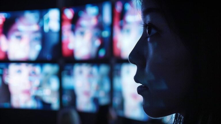 Silhouette of a person watching multiple screens displaying colorful blurred images.