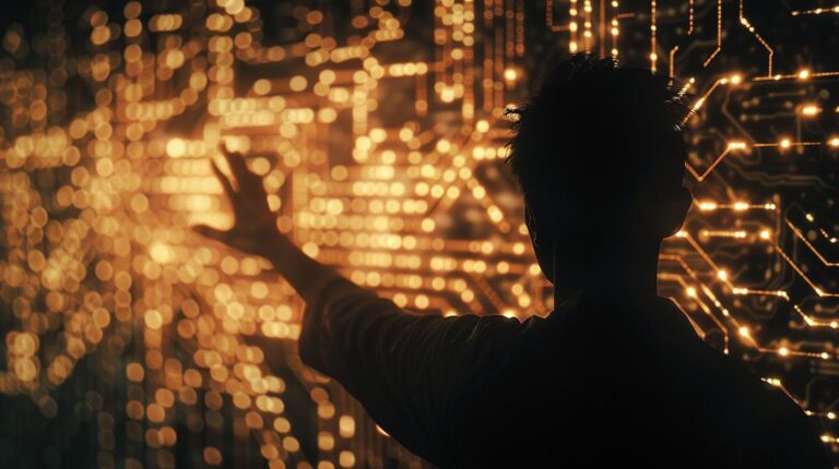 Silhouetted person interacting with futuristic glowing circuit board pattern background