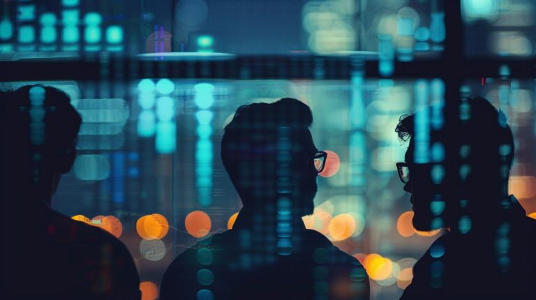 Silhouettes of people with bokeh lights in the background indicating a cityscape at night.
