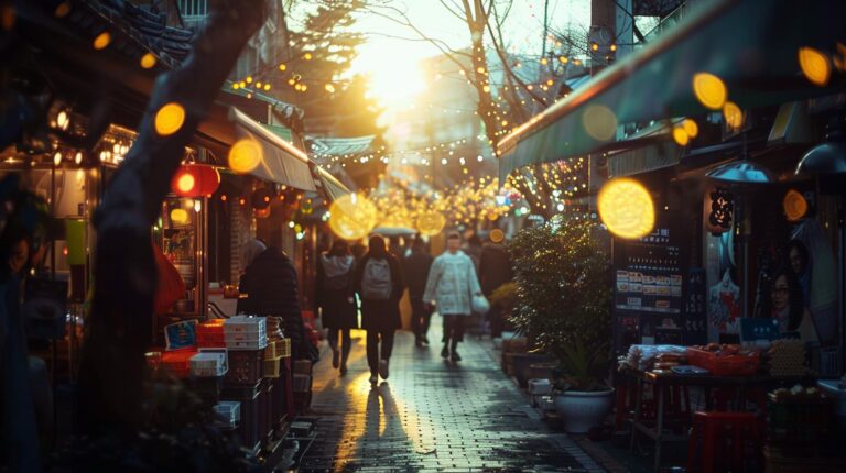 Sunset ambiance at a bustling street market with pedestrians and string lights