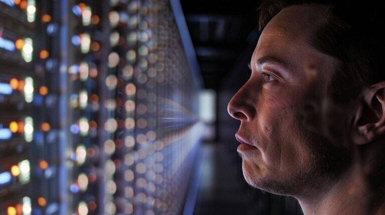 Man looking thoughtfully at server racks in data center.