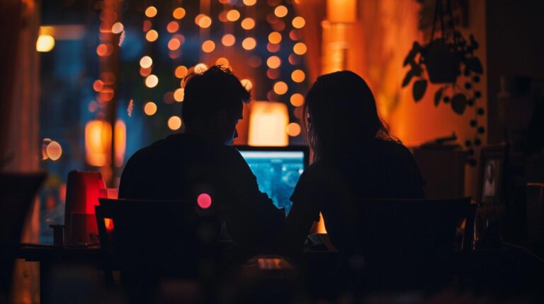 Two people working on a computer in a dimly lit room with bokeh lights in the background