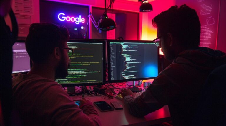 Two programmers collaborating in a neon-lit room with multiple computer screens displaying code