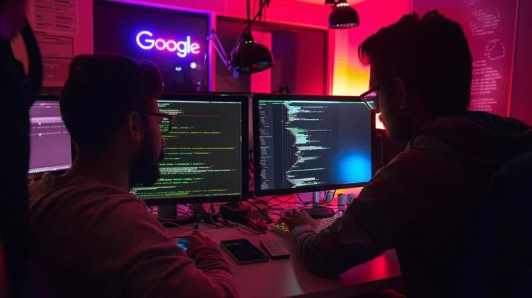 Two programmers collaborating in a neon-lit room with multiple computer screens displaying code