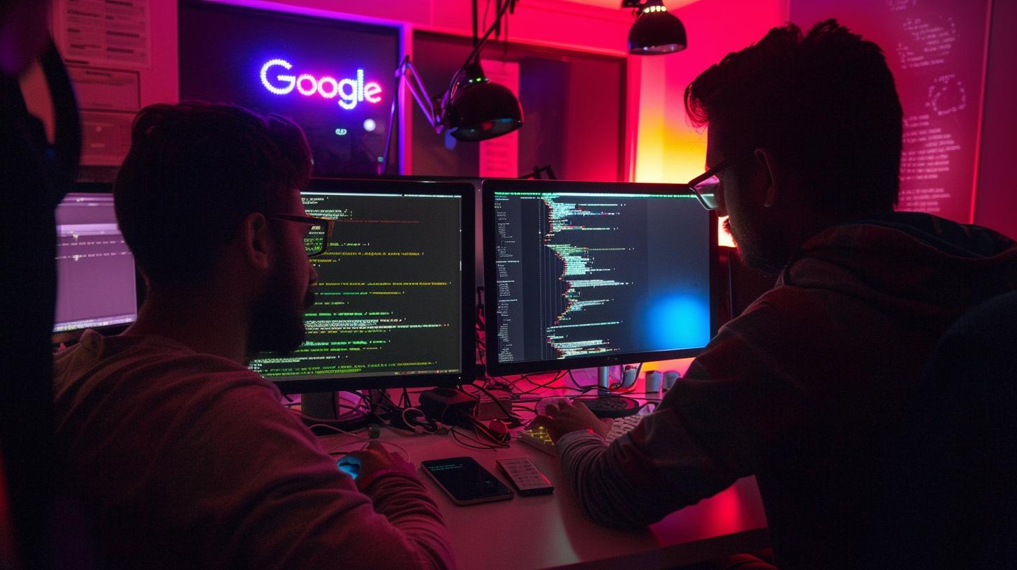 Two programmers collaborating in a neon-lit room with multiple computer screens displaying code