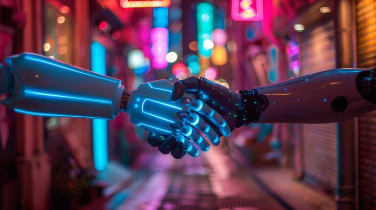 Two robot hands touching in a neon-lit alleyway