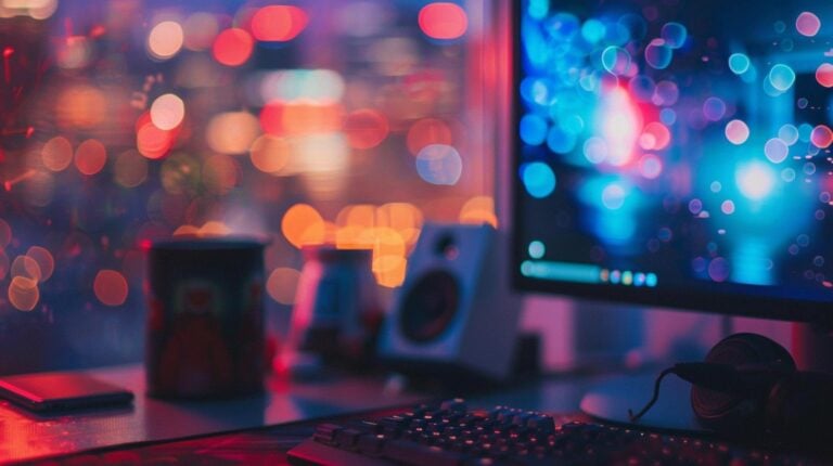 Vibrant home office setup with computer monitor, keyboard, smartphone, speakers, and headphones illuminated by colorful bokeh lights.