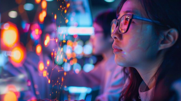 Woman analyzing data visualizations on screens with reflective glasses in a high-tech environment