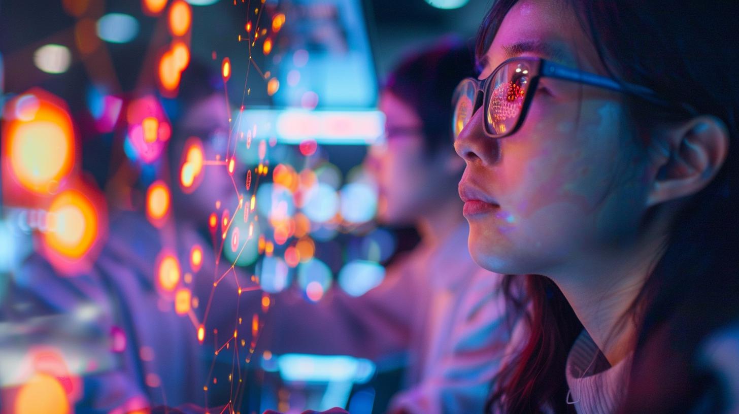 Woman analyzing data visualizations on screens with reflective glasses in a high-tech environment