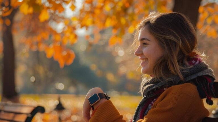 Woman enjoying a sunny autumn day in the park with golden leaves in background