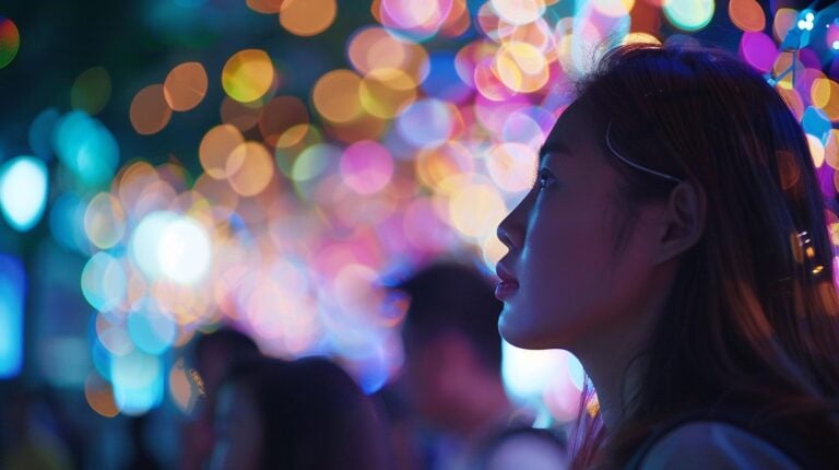 Woman profile with colorful bokeh lights background at night.