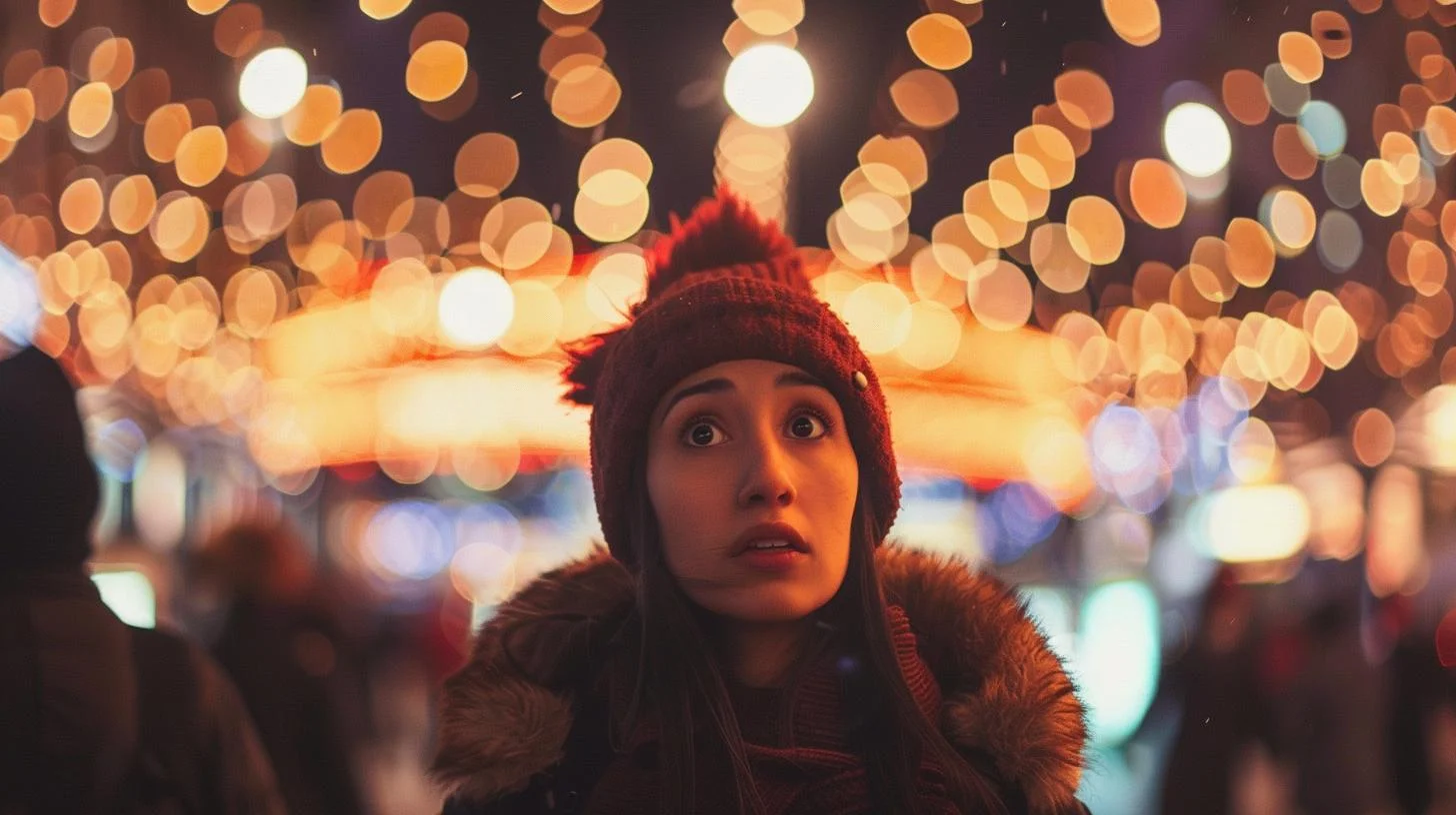 Woman with surprised expression at night amidst festive lights