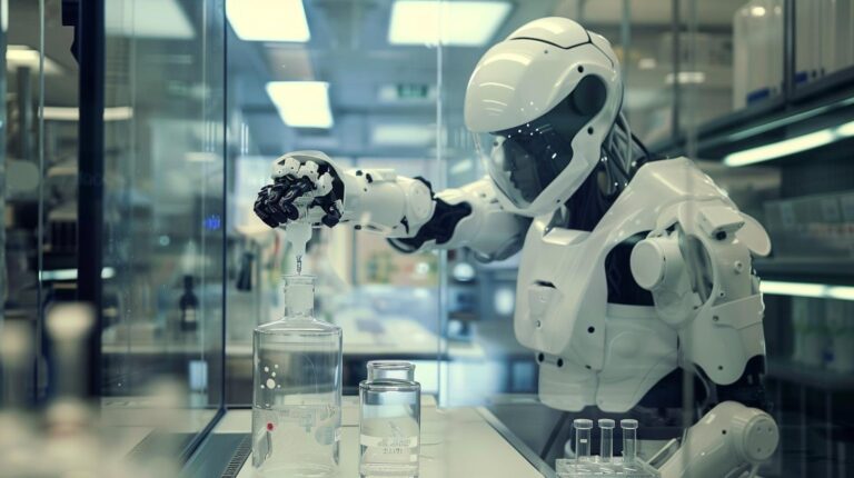 Advanced humanoid robot performing laboratory experiments in a modern research facility