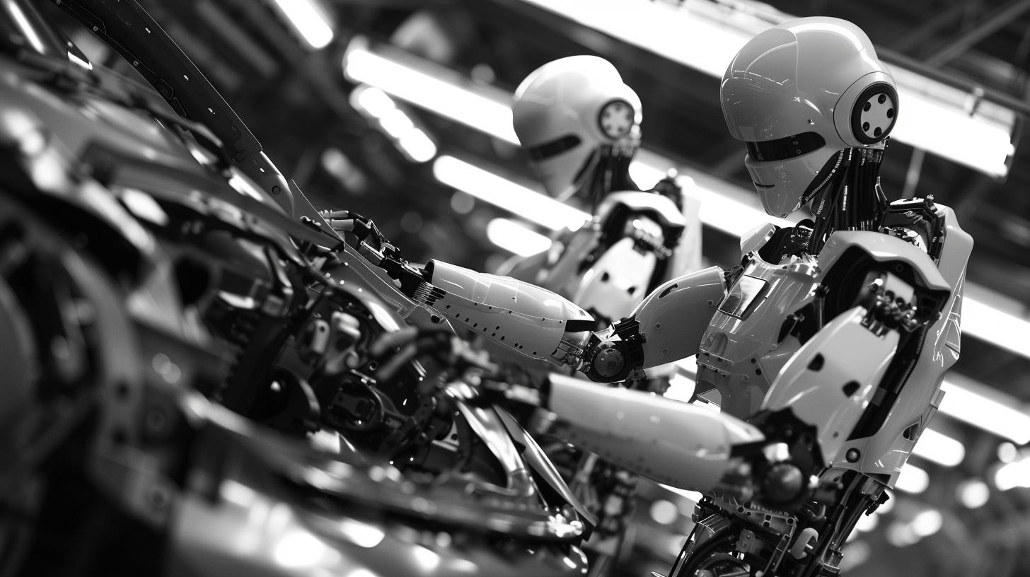 Advanced humanoid robots working on an assembly line in a manufacturing plant