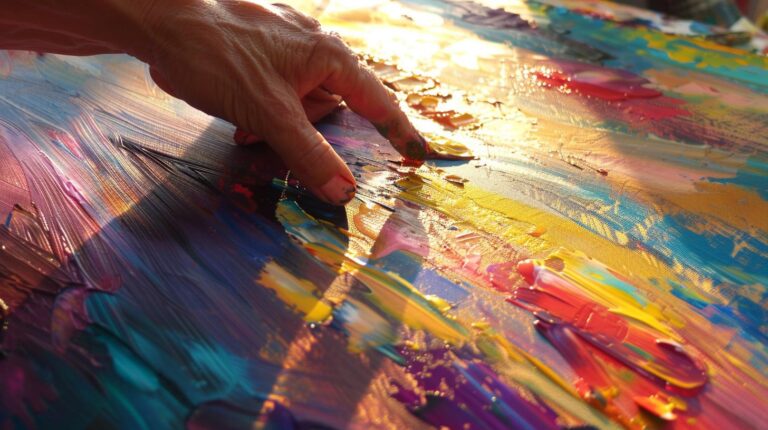 Close-up of an artist's hand using a palette knife to blend vibrant oil paints on a canvas.