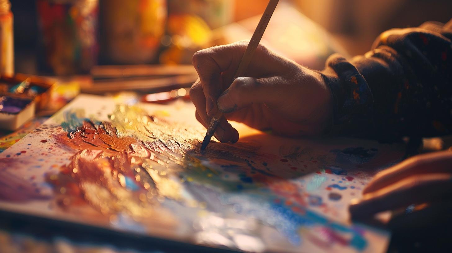 Artist hand painting on canvas with colorful palette and warm lighting.