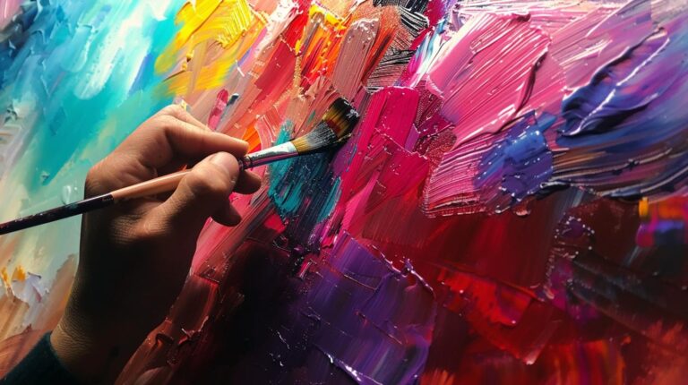 Close-up of an artist's hand painting a vibrant abstract canvas with colorful strokes