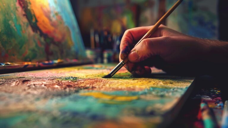Close-up of an artist's hand painting on canvas with a brush and vibrant colors.