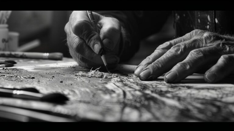 Close-up of artist's hands carefully carving details into a wooden sculpture with tools and shavings on table in black and white.