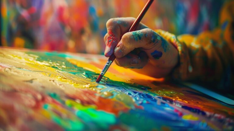 Colorful close-up of an artist's paint-covered hand holding a brush and painting on a canvas.