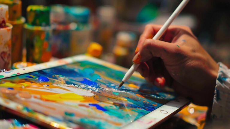 Artist's hand painting with vibrant colors on a digital tablet, surrounded by paint tubes.