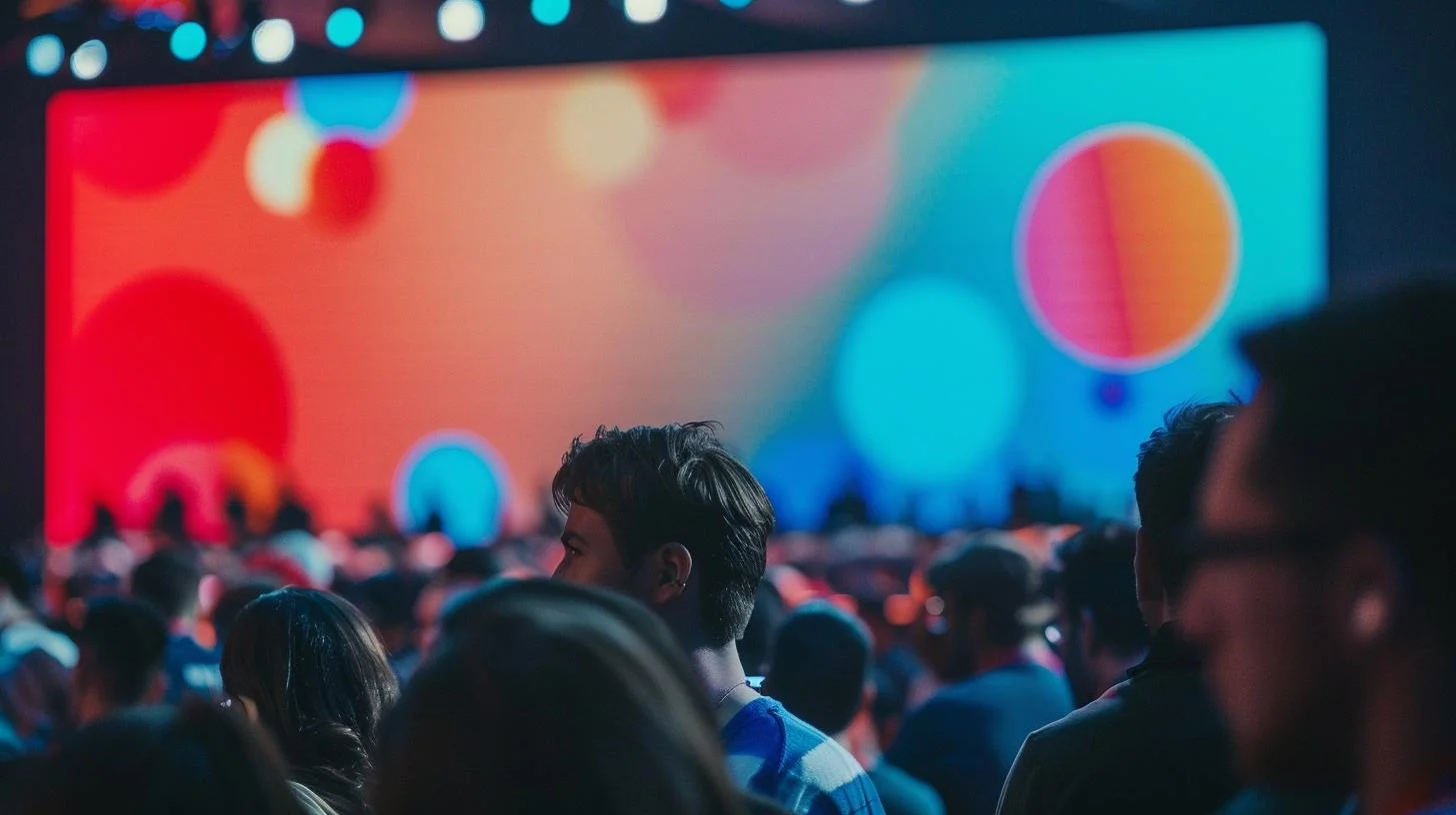 Audience at a conference with colorful abstract background on a large presentation screen.