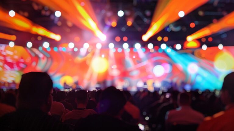 Audience at live concert with colorful stage lighting and blurred background