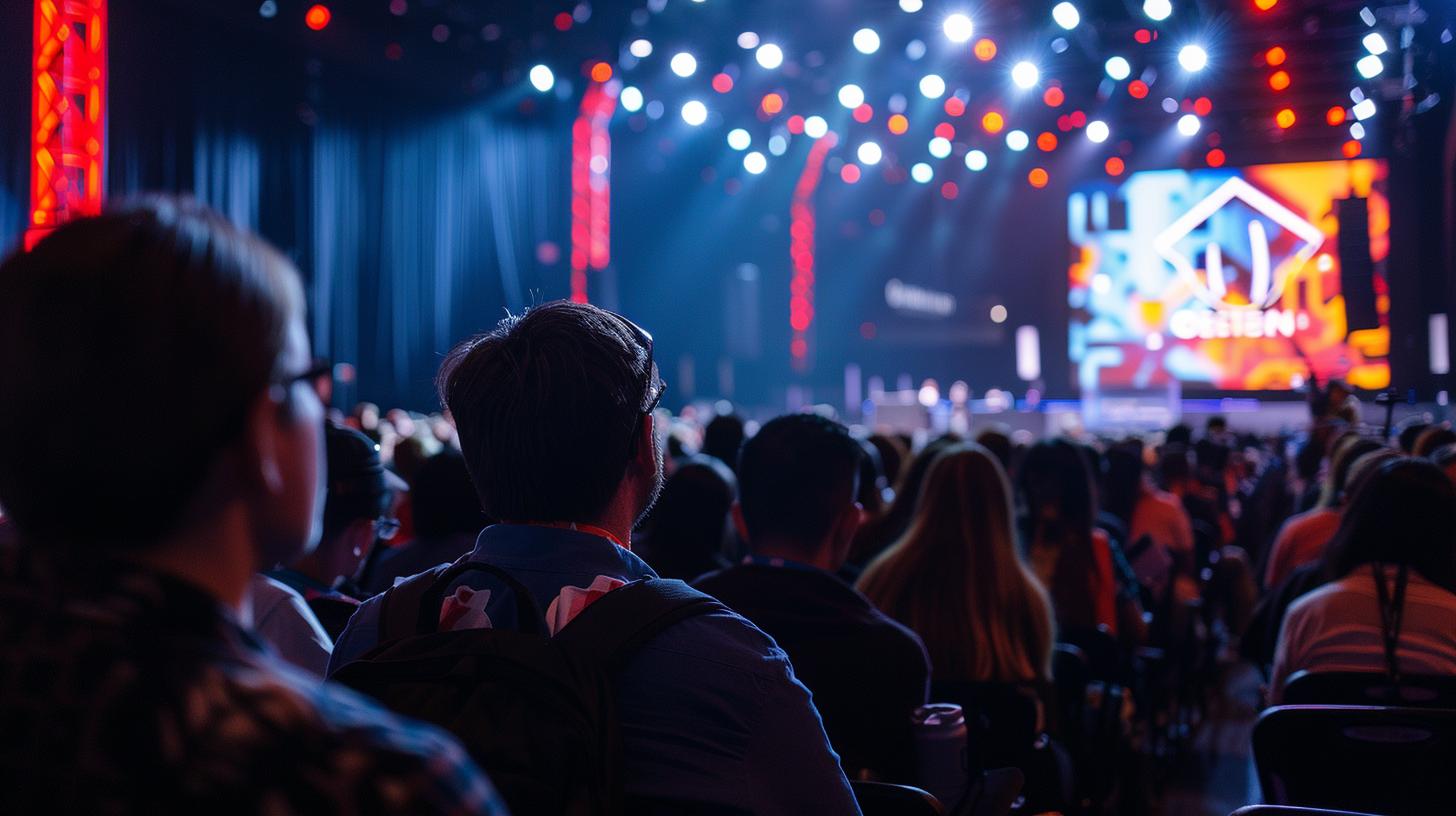 Audience watching a live stage event with colorful lighting and digital screens displaying graphics.