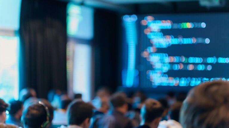 Blurred audience at a tech conference with focus on digital code projection on screen.