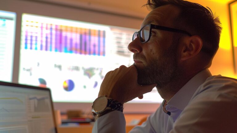 Businessman analyzing data on computer screens in office setting