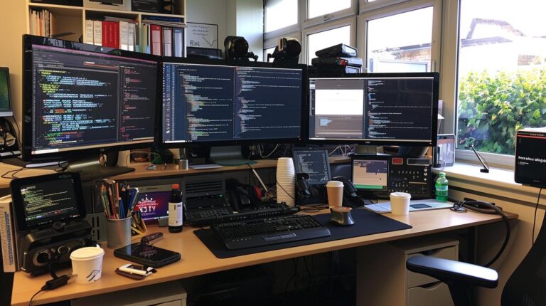 Busy software development workstation with multiple monitors displaying code and coffee cups on desk.