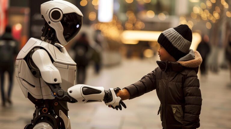 Child interacting with humanoid robot in urban setting.