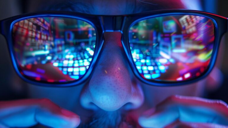 Close-up of person wearing glasses with computer screens reflected in the lenses.