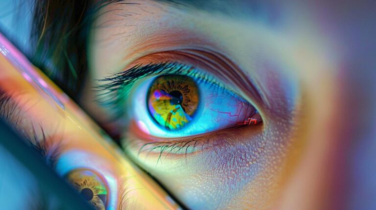 Close-up of a human eye with colorful reflections and visible details of the iris and eyelashes.
