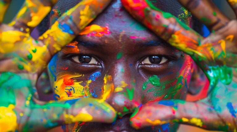 Close-up of a person with colorful paint on their face and hands creating a vibrant and artistic expression.