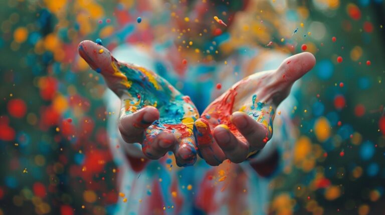 Colorful paint splattered on hands with vibrant background.