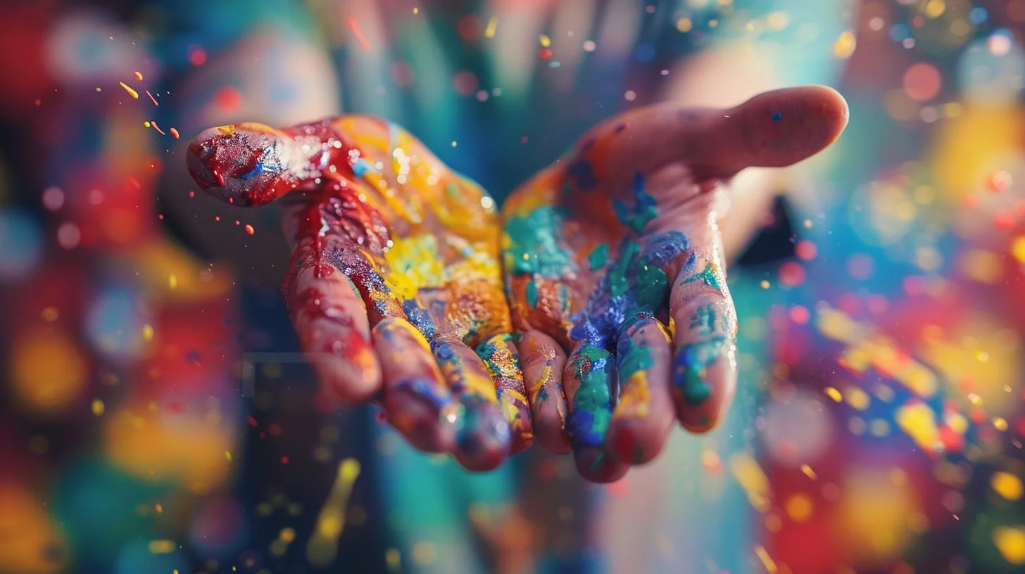 Colorful painted hands extended forward with vibrant splashes of paint and blurred colorful background.