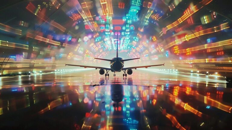 Commercial airplane on a reflective surface with vibrant lights and futuristic tunnel effect